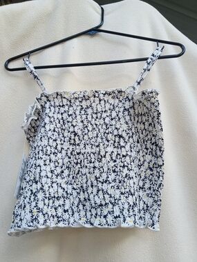 Smocked Floral Camisole Tank Top - White with Navy & Yellow